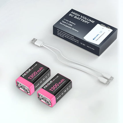 9V Rechargeable Batteries, 1300mAh Long-Lasting Rechargeable Lithium Batteries with USB-C Fast Charging 9V Block Battery for Remote Control, Smoke Detector, Multimeter, Microphone (2 Pack)