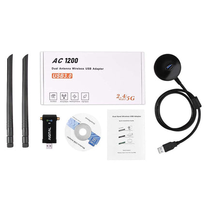WLAN adapter 1200Mbit/s, WLAN USB stick dual-band 867Mbit/s (5GHz), 300Mbit/s (2.4GHz) WLAN receiver with 2*5dBi antenna and USB 3.0 docking station with 65cm cable for PC desktop laptop Windows/Mac OS