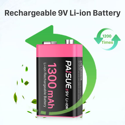 9V Rechargeable Batteries, 1300mAh Long-Lasting Rechargeable Lithium Batteries with USB-C Fast Charging 9V Block Battery for Remote Control, Smoke Detector, Multimeter, Microphone (2 Pack)