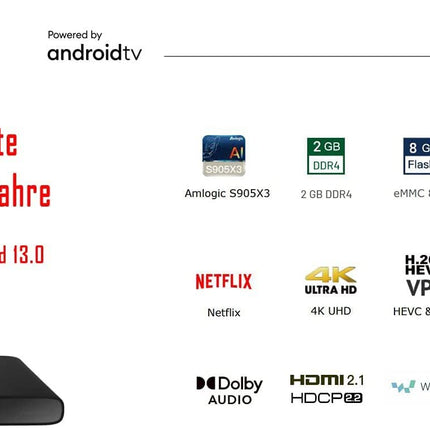Leyf 4K Android TV Box originaallitsentsiga, mille on litsentseerinud Google LLC ja Netflix, Disney, Prime Video WiFi, Type-C, HDMI 2.1, USB 3.0, Ethernet, MicroSD/nutiterv, Chromecast, YouTube