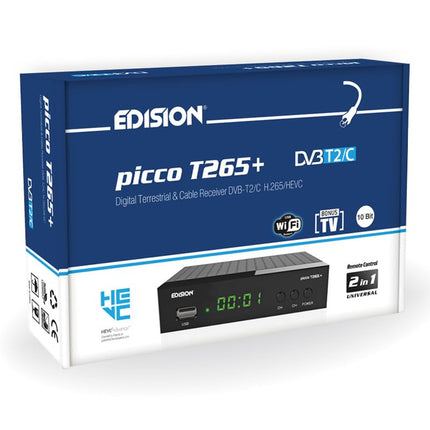 Edision Picco T265+ maapealne DVB-T2 ja kaabel-DVB-C vastuvõtja, H265 HEVC, FTA Full HD PVR, USB, HDMI, SCART, S/PDIF, IR, USB WiFi tugi, universaalne 2-ühes kaugjuhtimispult, must