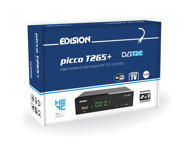 Edision Picco T265+ maapealne DVB-T2 ja kaabel-DVB-C vastuvõtja, H265 HEVC, FTA Full HD PVR, USB, HDMI, SCART, S/PDIF, IR, USB WiFi tugi, universaalne 2-ühes kaugjuhtimispult, must