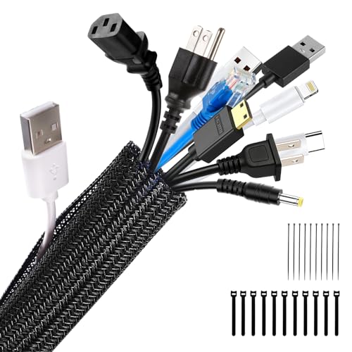 Garrulo Self-Closing Cable Sleeve Black, 19mm-6M Cable Duct Flexible Woven Cable Sheath with 10pcs Cable Ties and 10pcs Self-Adhesive Velcro Tape