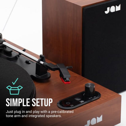 JAM Turntable with Speakers – Bluetooth Record Player with Bookshelf Speakers, 3-Speed ​​Vinyl Player with Dust Cover, Pre-Adjusted Tonearm, Vinyl Cleaner Included, Walnut