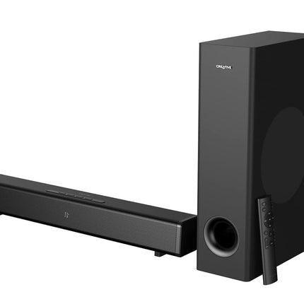 Creative Stage 360 ​​​​2.1 heliriba subwooferiga teleri, arvuti ja lauaarvuti jaoks, millel on Dolby Atmos, ruumiline heli, HDMI ARC/2.0, Bluetooth, optiline sisend ja IR-kaugjuhtimispult.