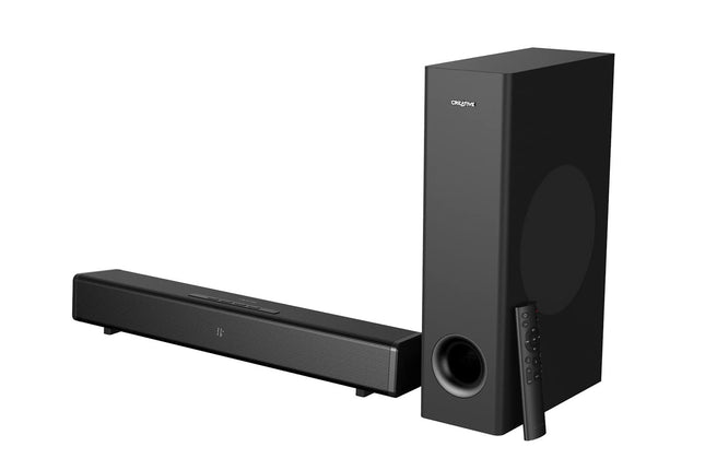 Creative Stage 360 ​​​​2.1 heliriba subwooferiga teleri, arvuti ja lauaarvuti jaoks, millel on Dolby Atmos, ruumiline heli, HDMI ARC/2.0, Bluetooth, optiline sisend ja IR-kaugjuhtimispult.