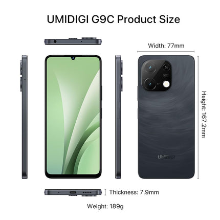 UMIDIGI 50MP nutitelefon lukustamata Android 14-12(6+6) GB+128GB mobiiltelefon 6,75-tolline 90Hz ekraan, 5000mAh, 2,2GHz protsessor, G9C 4G kahe SIM-kaardiga, kaasas laadija, Bluetooth 5.4/Face ID/GPS/NFC-must