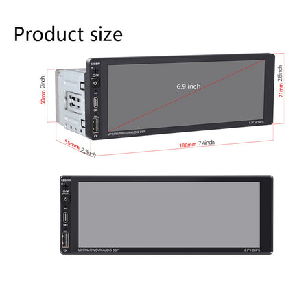 1-DIN Car Radio with Wireless CarPlay, Android Auto, 6.9-inch Touchscreen, Bluetooth Car Radio, Supports FM AM, RDS Radio, Mirror Link, USB Type-C, Voice Control, Power Failure Memory
