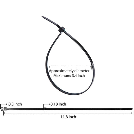 Cehony Cable Ties, 12" Black, 300mm x 4.5mm, Heavy Duty, 50lb Tensile Strength, Nylon Plastic Zipper Ties for Outdoor Use, Multipurpose, Self-Locking, UV Resistant