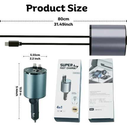 4-in-1 Retractable Car Charger, Fast Car Phone Charger with 69W Retractable Cable and 2 USB Ports Car Charger Adapter Compatible with Phone 15/14/13/12 Pro Max XR, iPad