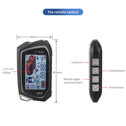 EASYGUARD EC207-M9-SR kahesuunaline autoalarmi turvakomplekt LCD-ekraaniga, käivitusnupuga, kaugjuhtimispuldiga, mootori käivitamisega, sireeniga, DC12 V