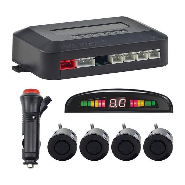 Wireless parking aid, reversing aid with 4 PDC parking sensors at the rear, distance warning kit with wireless LED display for cars, SUVs, vans, motorhomes and pickups (4 sensors, black)