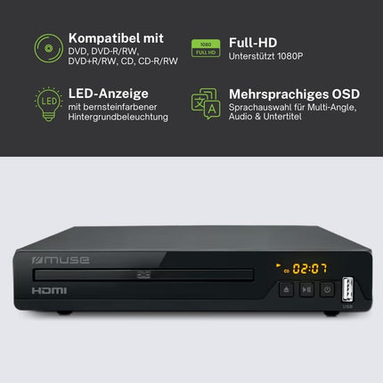 Muse M-55 DV Full HD DVD-mängija, ühildub DVD+R/RW, CD, CD-R/RW, MP3, JPEG ja Xvid taasesitusega, LED-ekraan, HDMI- ja USB-port, pult kaasas