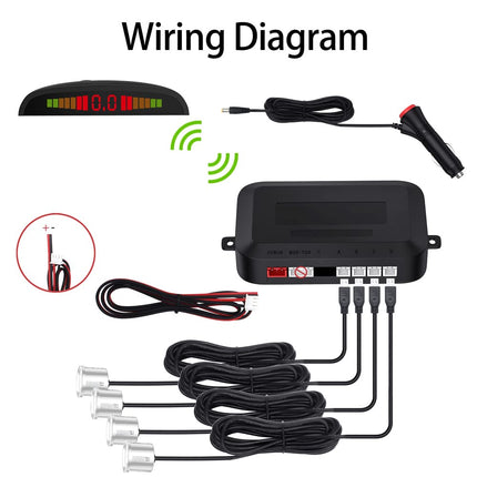 Wireless Parking Aid Kit, Reversing Radar System with 4 PDC Sensors, Wireless LED Distance Display with Acoustic Warning + 4 White Color Rear Parking Aid for Cars Vans RV Trailers