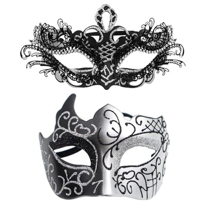 Oidea maskikomplekt paaridele: hõbedane must rhinestones metallist cosplay Veneetsia peomask Halloweeni kostüüm karnevalimask paaridele, naistele ja meestele