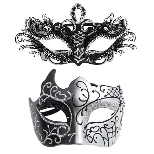 Oidea maskikomplekt paaridele: hõbedane must rhinestones metallist cosplay Veneetsia peomask Halloweeni kostüüm karnevalimask paaridele, naistele ja meestele