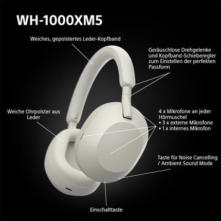 Sony WH-1000XM5 juhtmevabad Bluetooth-mürasummutavad kõrvaklapid (30-tunnine aku, puutetundlik andur, rakendus Headphones Connect, kiire laadimine, Amazon Alexa jaoks optimeeritud, mikrofoniga peakomplekt) hõbedased