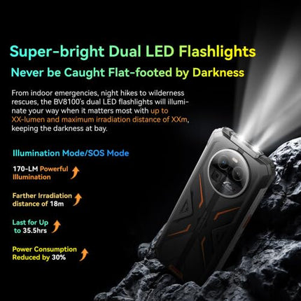Blackview BV8100 lepinguta õues kasutatav nutitelefon, kahe LED-taskulampiga, 24 GB + 256 GB, 6,5'' 120 Hz 2,4K FHD+, 50 MP kaamera, 8800 mAh aku, IP68 Android 14 veekindel ja vastupidav telefon, GPS NFC must