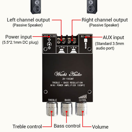 WANGCL ZK-1002MT 2 x 100W Bluetooth 5.0 Subwoofer Amplifier Board High Power Audio Stereo Amplifier Board AUX Bass Treble AMP
