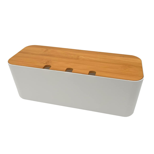 Kaablikarbi pistikupesa kaablikoguja hoiukarp kaabli haldamiseks laadimiskaabli jaoks, ABS-plastist ventilatsiooniga, puidust tekstuuriga korraldaja 36 x 13,5 x 13 cm (valge L)