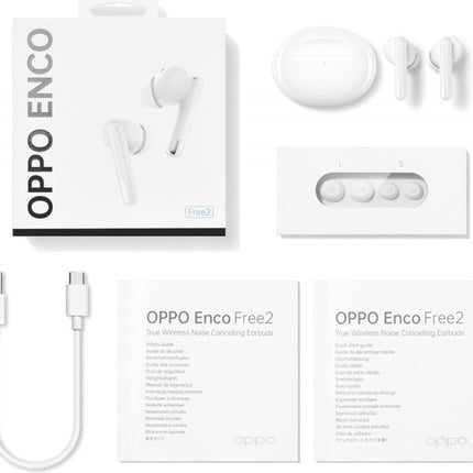 OPPO Enco Free2 juhtmevabad kõrvaklapid, kuni 30 tundi aku tööiga, kõrvaklapid: 41 mAh, laadimisümbris: 480 mAh, 42 dB aktiivne mürasummutus (ANC), Bluetooth 5.2, heli ekvalaiser, USB Type-C, valge
