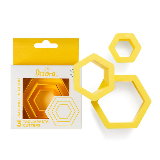 Kaunistamine, kuusnurksete küpsisevormide komplekt, plast, kollane, 1,5/2,5/3,5 x 2,2 cm (3 tk pakis)