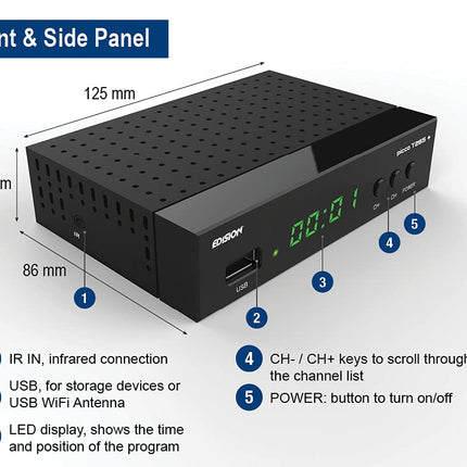 EDISION Picco T265 Plus maapealne DVB-T2 ja kaabelvastuvõtja DVB-C H.265 HEVC FTA Full HD PVR, USB, HDMI, SCART, S/PDIF, IR, USB WiFi tugi, universaalne 2-ühes kaugjuhtimispult