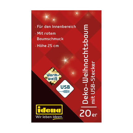 Idena 31486 - Dekoratiivne jõulupuu 20 sooja valge LED-iga, umbes 25 cm kõrge, punaste kuusekaunistuste ja USB-pordiga, kaunistuseks advendi- ja jõuludeks