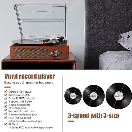 Vinyl Record Player Bluetooth Record Player with Built-in Speakers Vintage Record Player Record Player with 3-Speed ​​33/45/78 U/Auto-Stop RCA/Aux-in 3.5 mm