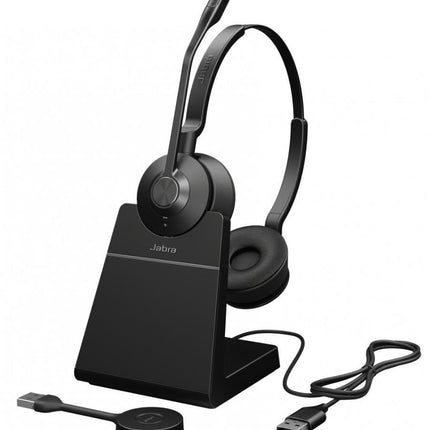 Jabra Engage 55 stereo peakomplekt UC, Link 400a DECT adapter USB-A, Engage 55 lauaalus, 1,2 m USB-C - USB-A kaabel, kandekott, garantii ja hoiatused (ohutusbrošüürid)