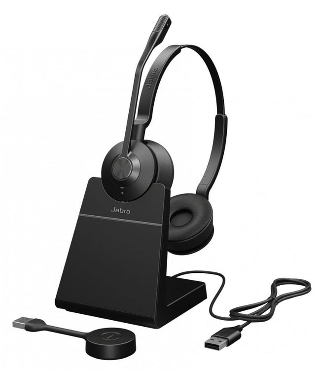 Jabra Engage 55 stereo peakomplekt UC, Link 400a DECT adapter USB-A, Engage 55 lauaalus, 1,2 m USB-C - USB-A kaabel, kandekott, garantii ja hoiatused (ohutusbrošüürid)