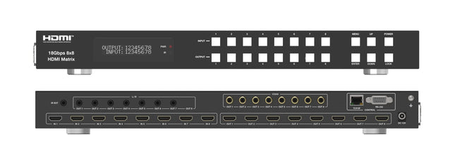 FOURKAY 8x8 4K HDMI maatrikslüliti koos allaskaleerimise, ARC, HDR10+, HLG, Dolby Vision, Atmos funktsiooniga. 4K@60Hz tugi SkyQ UHD jaoks.