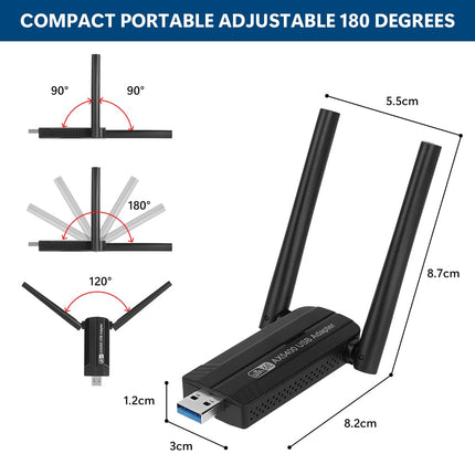 OFFCUP USB WLAN-i mälupulga adapter arvutile, WiFi 6E adapter AX3008 internetipulk 5400Mbps USB 3.0 kolme sagedusribaga 2,4 GHz/5 GHz/6 GHz koos 2 x 5 dBi antenniga, 5 dBi WPA3 krüptimisega, ühildub Windows 10/11-ga