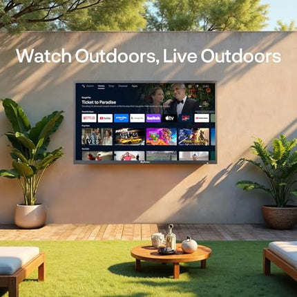 SYLVOX 75-tolline õueteler, IP55 veekindlus, 1000 nitti, 4K UHD HDR10, nutikas Android-teler Dolby Audio, DVB-T2/S2, HBBTV ja Google Assistantiga. Ilmastikukindel televiisor terrassile, aeda ja äripindadele.