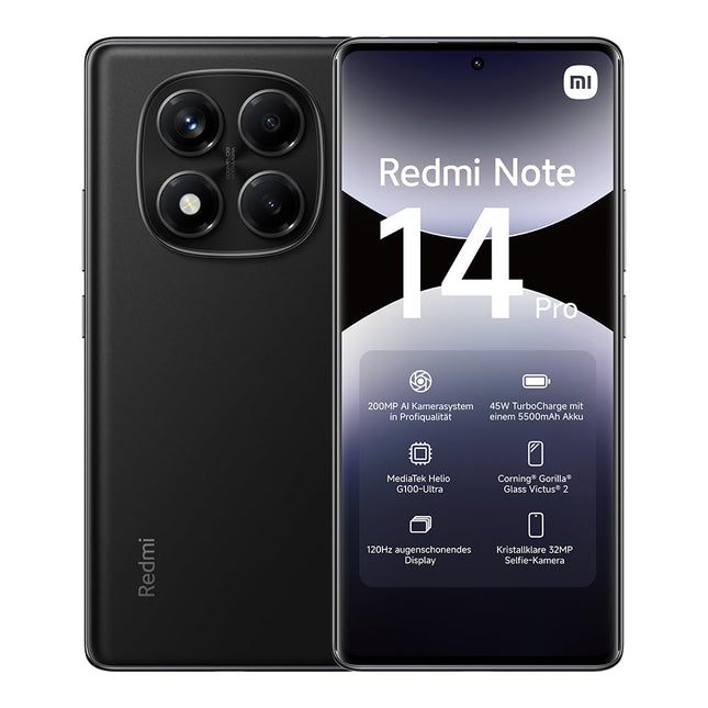 Xiaomi Redmi Note 14 Pro nutitelefon, 8 + 256 GB, must, 200 MP professionaalne tehisintellektiga kaamera, 5500 mAh aku, 32 MP selfie-kaamera, tehisintellektiga funktsioonid (laadijat ei kuulu komplekti)
