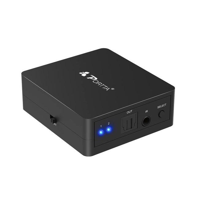 Portta Toslink 2x1 lüliti / SPDIF digitaalne optiline audio Toslink 2x1 lüliti kaugjuhtimispuldiga - 2 sisendit, 1 väljund, tugi 5.1CH / LPCM2.0 / DTS / Dolby-AC3 PS3 DVD-mängijale ja helivõimendile