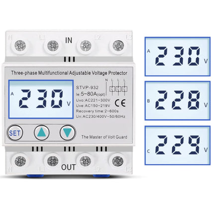 Ülepingekaitse 230V/400V AC reguleeritav pingekaitse STVP-932 3-faasiline LCD multifunktsionaalne iselähtestuv pingekaitse (63A)