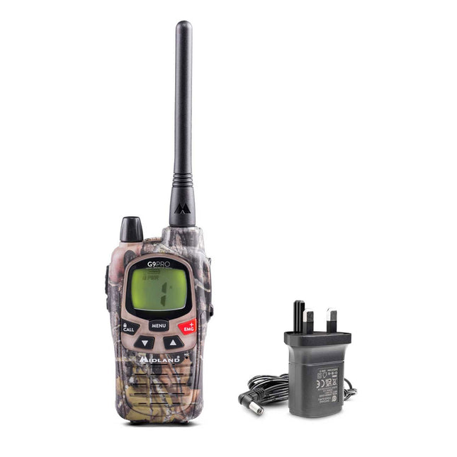 Midland G9 Pro, kahesuunaline raadiosaatja, raadiosaatja, kahe sagedusala, 36 PMR446 kanalit, tasuta litsents ja 69 LPD-d, 4 laetavat AA-patareid, vööklamber, UKCA sertifitseeritud, Ühendkuningriigi pistik, Mimetic Mossy Oak
