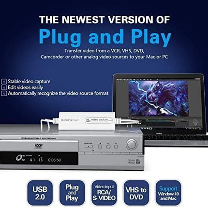 VHS-digitaalmuundur, USB-videokaart, videosalvestusseade, RCA-USB-muundur, teisendab VHS-videokasseti Hi8 digitaalseks, kassettmängija, videokaamera, arvuti, teleri jaoks, Windowsi ja Maci operatsioonisüsteemiga ühilduv