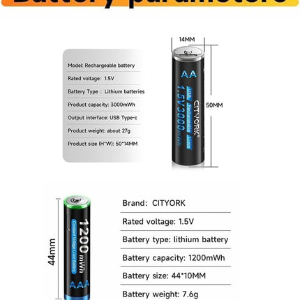 CITYORK USB-C AA AAA Rechargeable Batteries Lithium Rechargeable, 4 pieces 1.5V AA batteries 3000mWh and 4 pieces AAA batteries 1200mWh with 4-in-1 USB charging cable