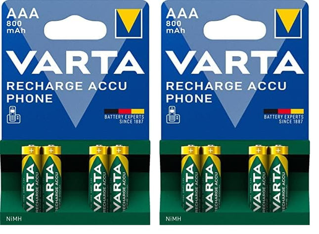 VARTA AAA laetavad akud, 4 tk, Recharge Accu Phone, aku, 800 mAh NI-MH, kasutusvalmis, sobib juhtmeta telefonidele (2 tk pakendis)