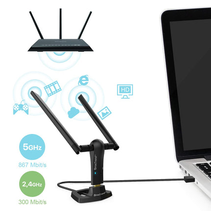 BrosTrend AC1200 USB WLAN-pulk, WiFi-adapter lauaarvutile sülearvutile Windows 11/10/8/7-ga, pika levialaga, kahekordne WLAN kuni 867 Mbps 5 GHz, 300 Mbps 2,4 GHz, kahe 5 dBi antenniga, USB 3.0