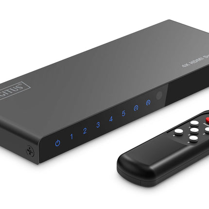 DIGITUS DS-55332 HDMI-lüliti 5x1 - 5 sisendit, 1 väljund - UHD 4K/60 Hz HDTV: 3840 x 2160p - HDCP 2.2 ja HDMI 2.0 - HDR, CEC, Deep Color, DTS, Dolby Digital, LPCM - teleri, monitori, PS5, PS4, Xboxi jaoks