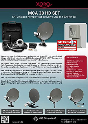 XORO 38,5 cm matkasatelliitantenn MCA 38 HD komplekt, sh FullHD DVB-S2 vastuvõtja, üks LNB integreeritud satelliidiotsijaga, 10 m kaabel, kronsteinid, kõvas kohvris