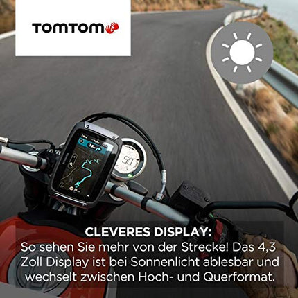 TomTom Motorcycle Navi Rider 500, 4,3-tolline ekraan, spetsiaalselt mootorratastele mõeldud käänulised ja mägised marsruudid, liiklusummikute vältimine tänu TomTom Trafficule, Euroopa kaardiuuendused, mootorrattahoidik + kaitsev kandekott