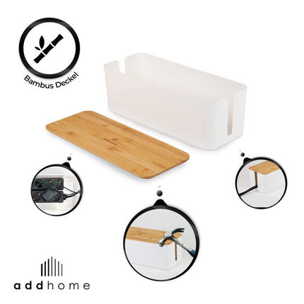 addhome kaablikarbi komplekt (2 tk) | Korralda kaablikaos stiilselt | Valge ABS-plastist ja bambusest kaas | Sobib igasse interjööri | Piisavalt ruumi pistikutele ja toiteallikatele | Komplektis kummist jalad ja takjakinnitus
