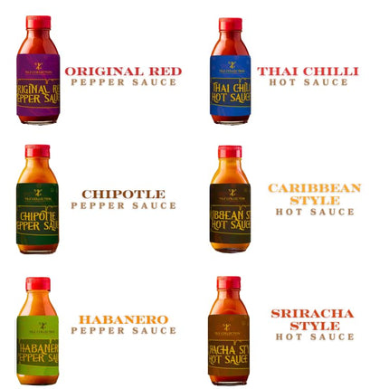 Tilz, tšillikastme kinkekomplekt – tänavatoidu tšillikastme kinkekomplekt, gurmeekingitused – Buffalo, Sriracha, Tšilli, grillikastmed, Chipotle – 6 pudelit grillikastet, tšillikastme kinkekomplektid