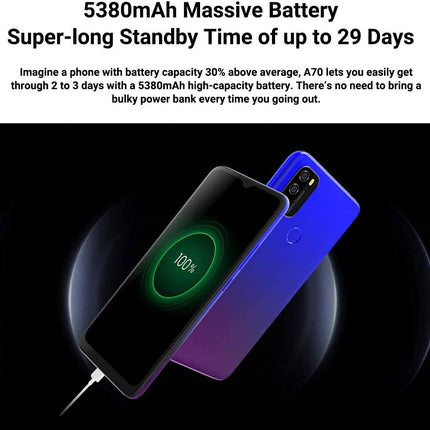 Blackview A70 Android 11 nutitelefon ilma lepinguta, 6,5-tolline HD+ ekraan, 8,3 mm õhuke ja kerge, 5380mAh aku, kaheksatuumaline 3GB+32GB, 13MP+5MP, kahe SIM-kaardiga 4G telefon, näotuvastus ja sõrmejäljelugeja, must
