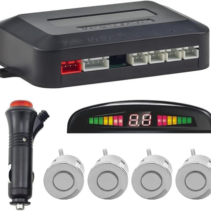 Wireless parking aid, reversing aid with 4 PDC parking sensors at the rear, distance warning kit with wireless LED display for cars, SUVs, vans, motorhomes and pickups (4 sensors, silver)