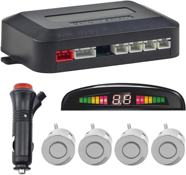 Wireless parking aid, reversing aid with 4 PDC parking sensors at the rear, distance warning kit with wireless LED display for cars, SUVs, vans, motorhomes and pickups (4 sensors, silver)